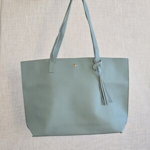 Classic Faux Leather Tote Bag in Light Turquoise w Pocket Approx 17.5 x 12 NWT